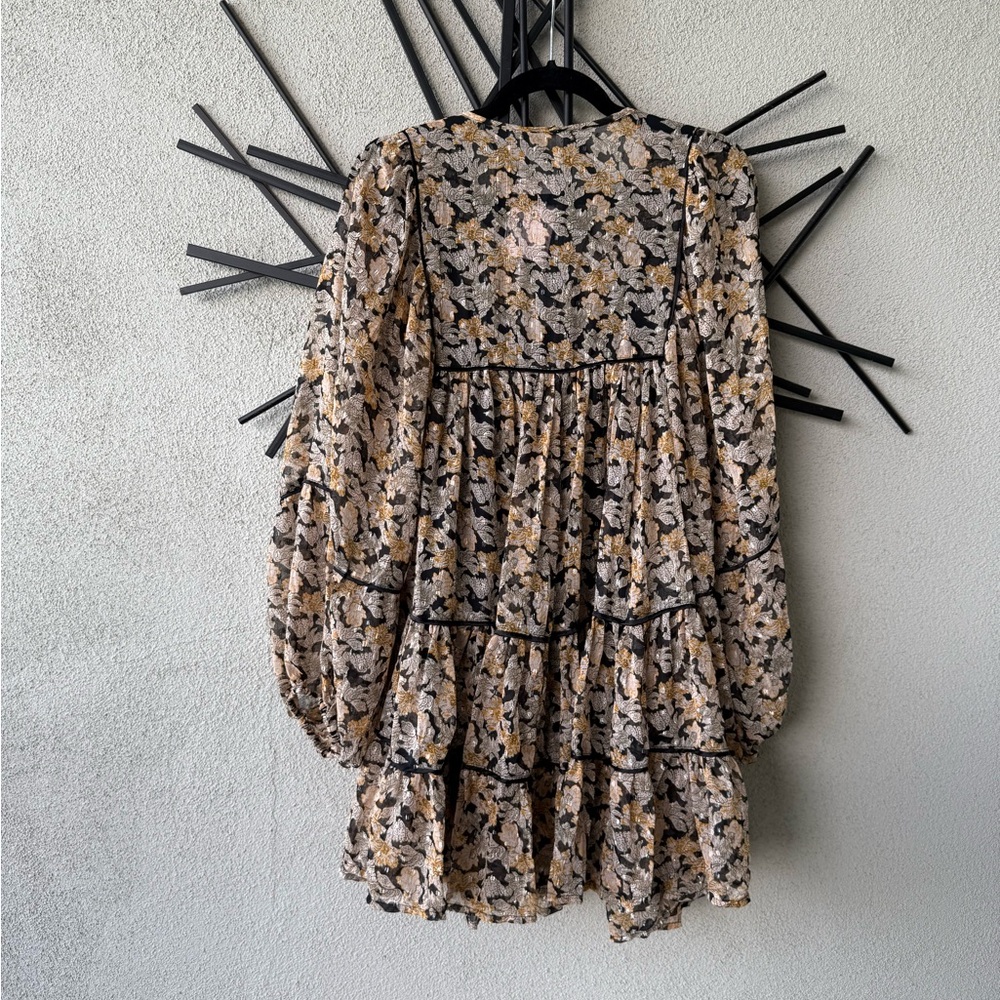 Free People Black and Cream Floral Long Sleeve Dress